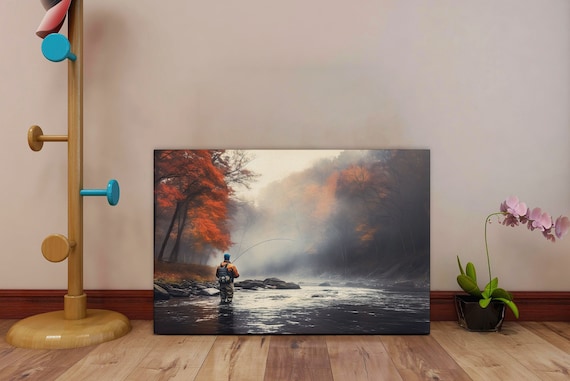 Fly Fisherman on Foggy Morning Canvas Fly Fishing Canvas Fly