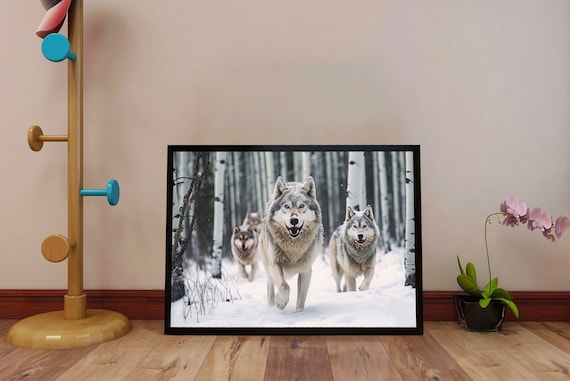 Wolf Pack Poster Print - Alpha Wolf Winter Wildlife Scene - Rustic Lodge Wall Decor - Snowy Wolf Artwork - Wolf Lover Gift for Him