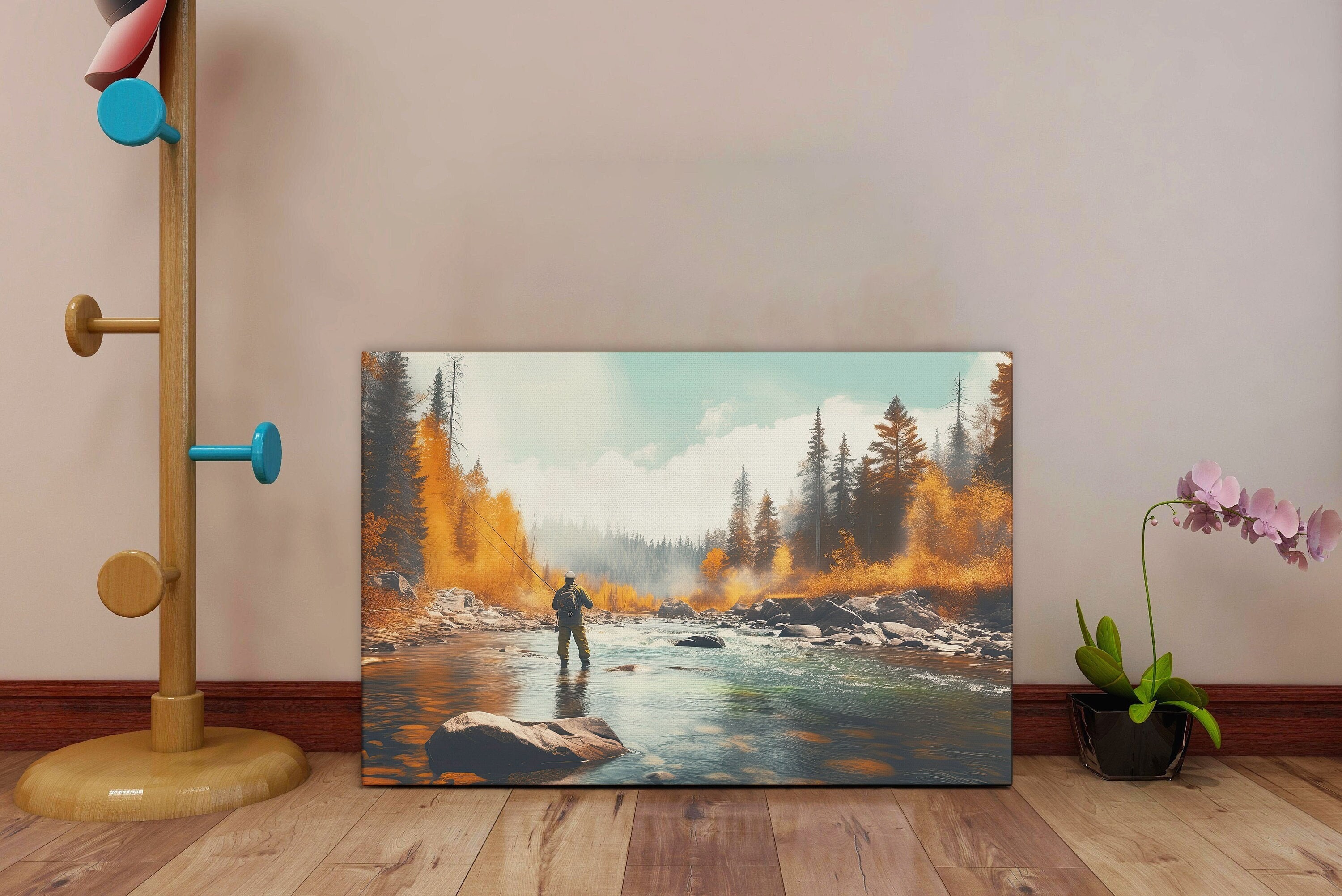 Autumn Fly Fishing Canvas - Rustic Fishing Wall Art - Fall River Landscape - Trout Fishing Decor - Cabin Lodge Artwork - Angler Gift
