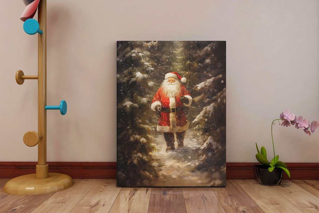 Santa Claus Walking Through Forest Canvas Vintage Christmas Art