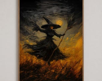 May include: An oil painting depicting a figure in a black dress and pointed hat standing in a field of golden wheat. The figure holds a broomstick against a dark, stormy sky with a glowing yellow moon. The brushstrokes are thick and textured.