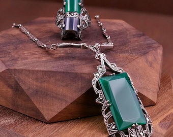 Collar y anillo con colgante de gota de crisoprasa y marcasita alemana de plata de ley Art Déco
