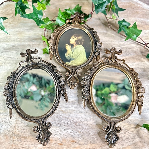 Vintage Italian Brass Filigree Miniature Frame Mirrors