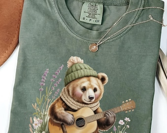 Comfort Colors Boho Bear Playing Guitar Shirt for Musician Lovers. Men’s graphic Tee