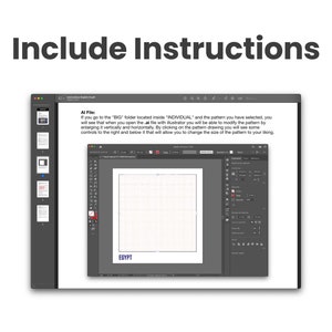 May include: A computer screen displays instructions with the title "Include Instructions." The text explains how to modify a pattern in an AI file using Illustrator. The word "EGYPT" is visible at the bottom of the screen.