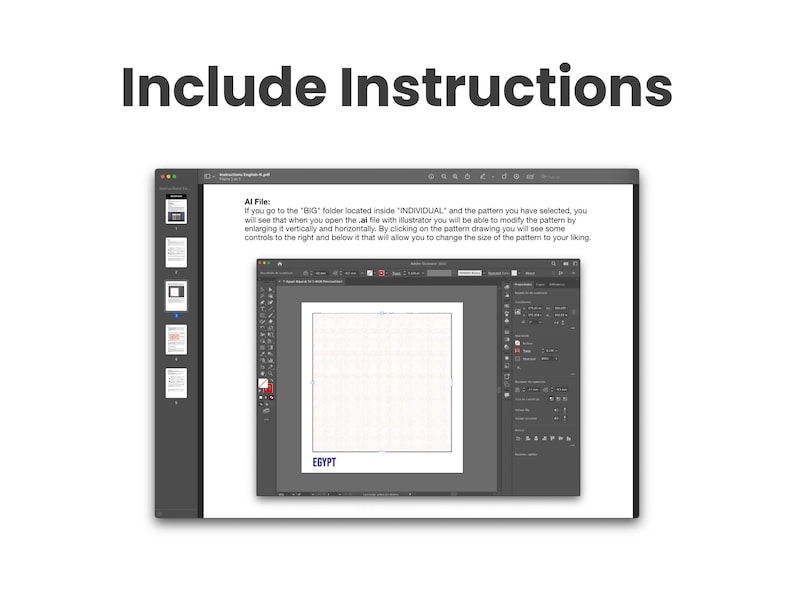 May include: A computer screen displays instructions with the title "Include Instructions." The text explains how to modify a pattern in an AI file using Illustrator. The word "EGYPT" is visible at the bottom of the screen.