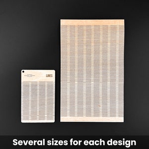 May include: Two wooden panels with a repeating lines design. One is rectangular, the other is smaller with a keyhole. The word "LINES" is printed on the smaller panel. The text "Several sizes for each design" is at the bottom.