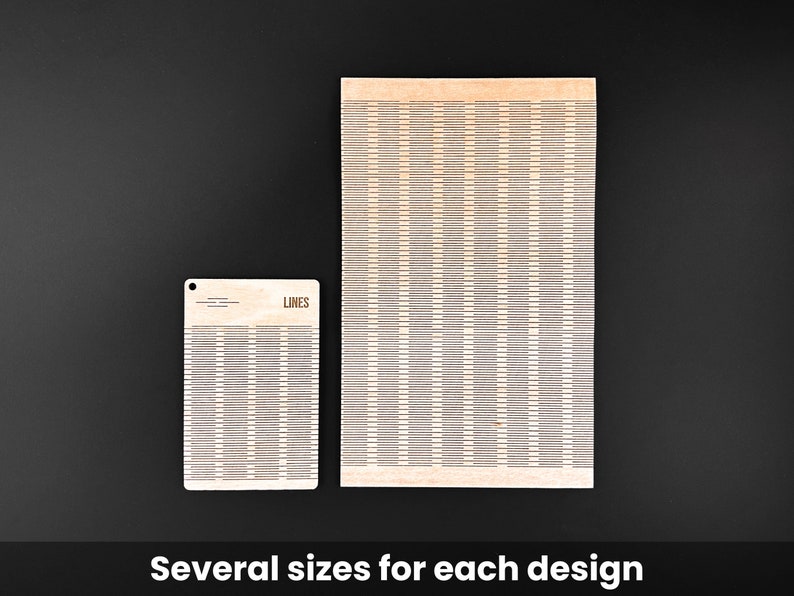 May include: Two wooden panels with a repeating lines design. One is rectangular, the other is smaller with a keyhole. The word "LINES" is printed on the smaller panel. The text "Several sizes for each design" is at the bottom.