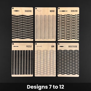 May include: Six wooden design cards with various patterns and names: Diamond, Worm, Bowling, Puzzle, ADN, and Moustache. Each card has a small hole at the top. The text "Designs 7 to 12" is at the bottom.