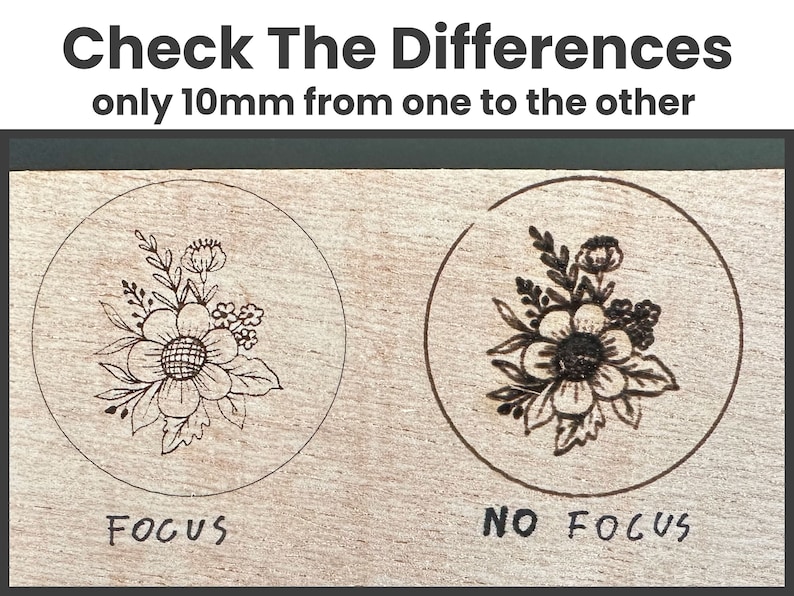 May include: Two wood-burned images of a floral design on a light wood background. The image on the left is in focus, while the image on the right is out of focus. The text "FOCUS" is written below the left image, and the text "NO FOCUS" is written below the right image.