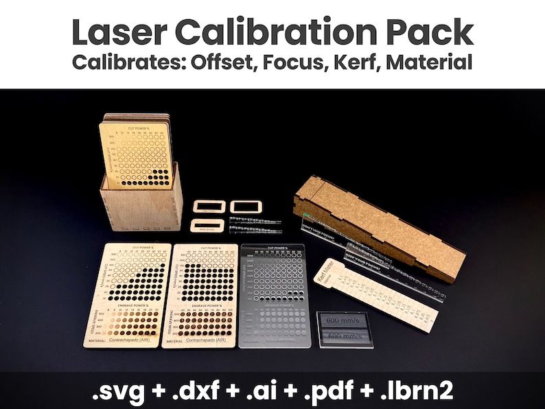 Laser Calibration Bundle Pack, Lightburn Laser Test Files, CO2 Diode Laser Engraving & Cutting Material Test Cards, Calibration Test image 1