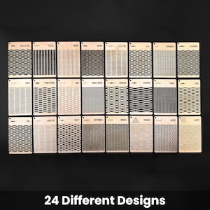 May include: A collection of 24 wooden design samples, each featuring a unique pattern. The samples are arranged in a grid, with labels such as "Mustache," "Puzzle," and "Worm." The text "24 Different Designs" is displayed at the bottom.