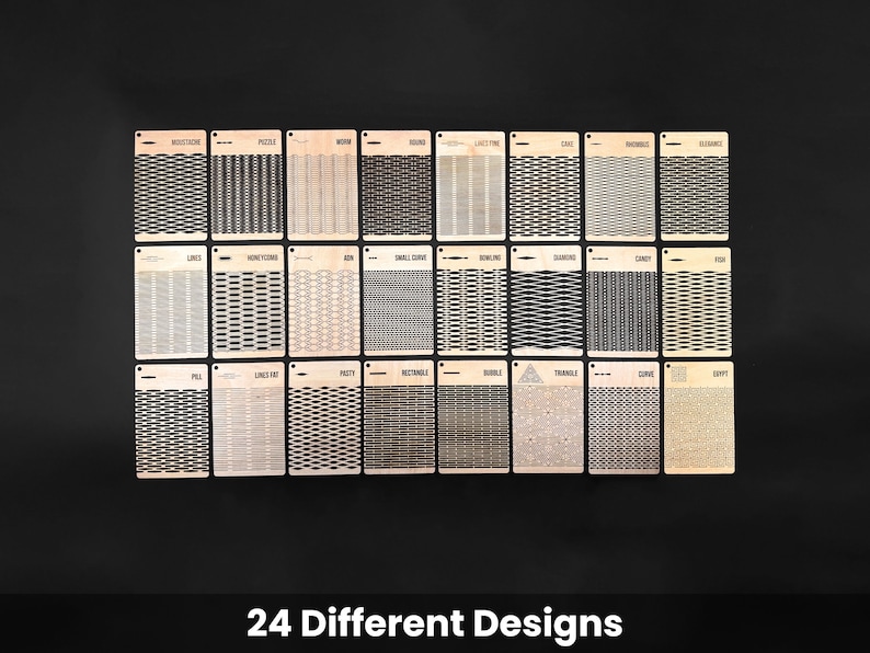 May include: A collection of 24 wooden design samples, each featuring a unique pattern. The samples are arranged in a grid, with labels such as "Mustache," "Puzzle," and "Worm." The text "24 Different Designs" is displayed at the bottom.