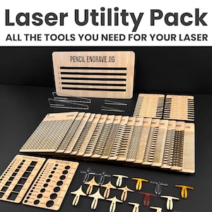 Laser Tools Kit Bundle Pack, Laser Bed Pins, Flexible Laser Patterns, Pencil Jig Template, Focus Rulers, Hole & Square Sizer, Fit Guides Bild 1