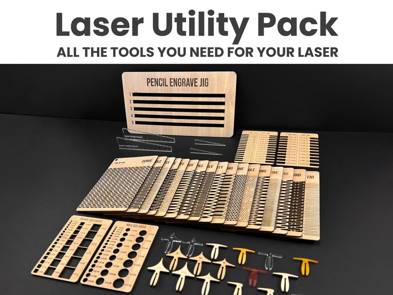 Laser Tools Kit Bundle Pack, Laser Bed Pins, Flexible Laser Patterns, Pencil Jig Template, Focus Rulers, Hole & Square Sizer, Fit Guides Bild 1