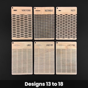 May include: Six wooden design samples with various patterns, including honeycomb, rectangle, and lines. Each sample is labeled with its design name. The phrase "Designs 13 to 18" is at the bottom of the image.