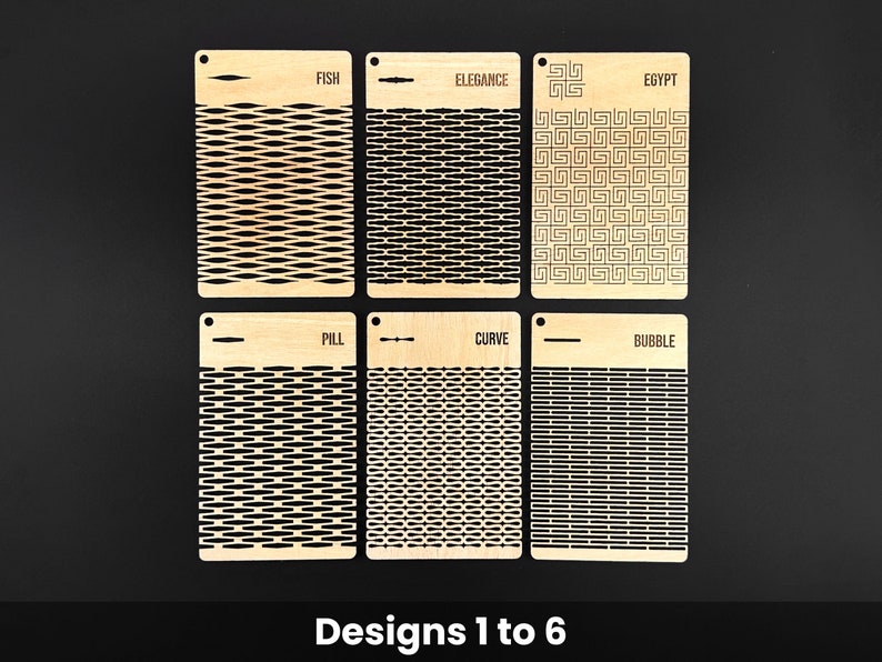 May include: Six wooden design samples with various patterns, including "Fish," "Elegance," "Egypt," "Pill," "Curve," and "Bubble." Each sample has a small hole at the top and is labeled with its design name. The text "Designs 1 to 6" is at the bottom.