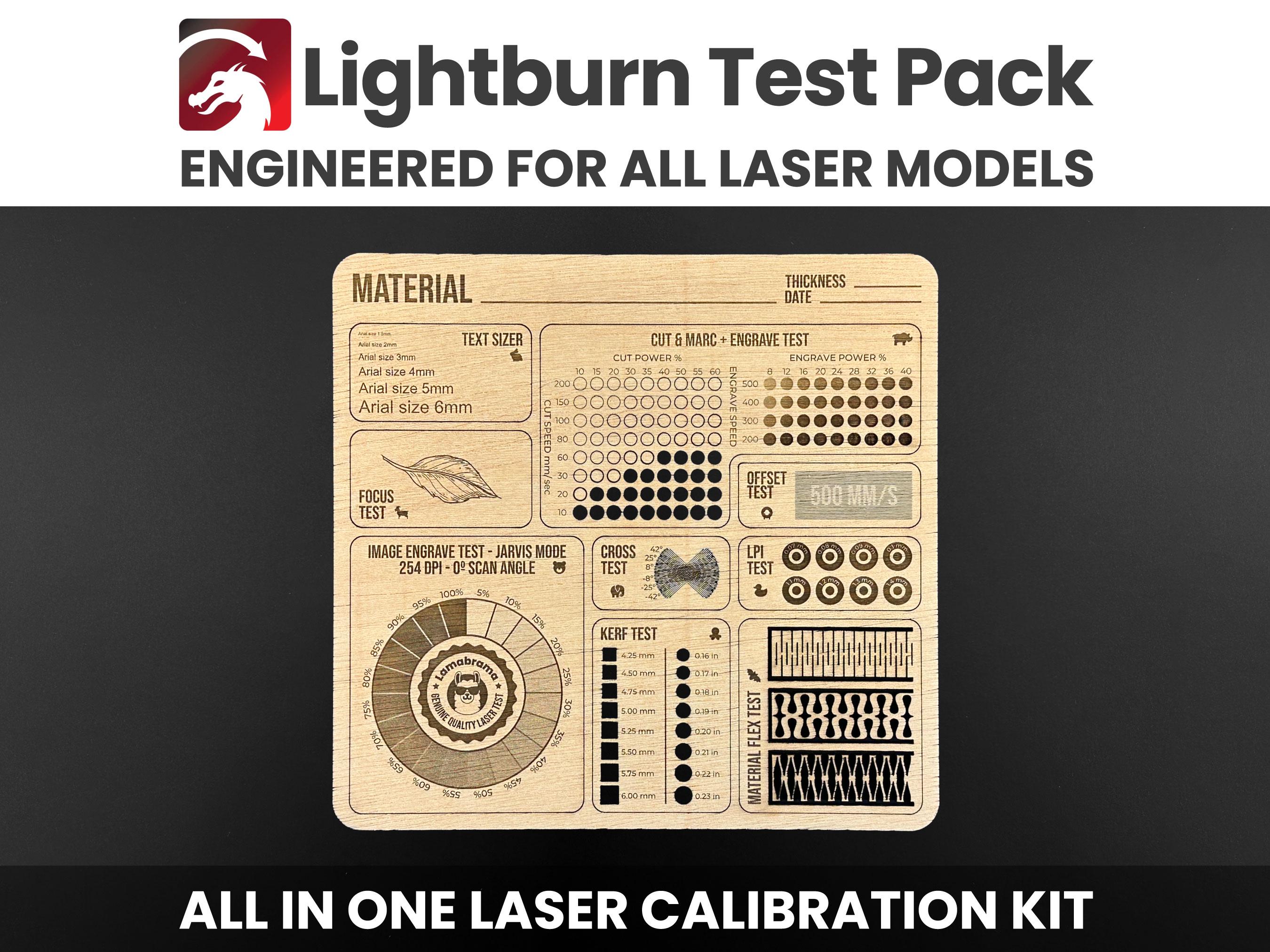 Laser Calibration Pack,  Lightburn Laser Test Files, Laser Engraving & Cutting Test Card, CO2-Diode Lasers, Lightburn Calibration Test.