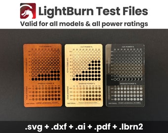 Laser Test Files Pack, Lightburn Material Test Files, Laser Engraving & Cutting Test Cards, CO2 - Diode Lasers, Lightburn Calibration Test