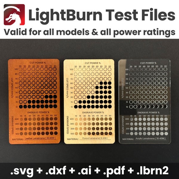 Lasertestbestandenpakket, Lightburn-materiaaltestbestanden, lasergraveer- en snijtestkaarten, CO2 - diodelasers, Lightburn-kalibratietest