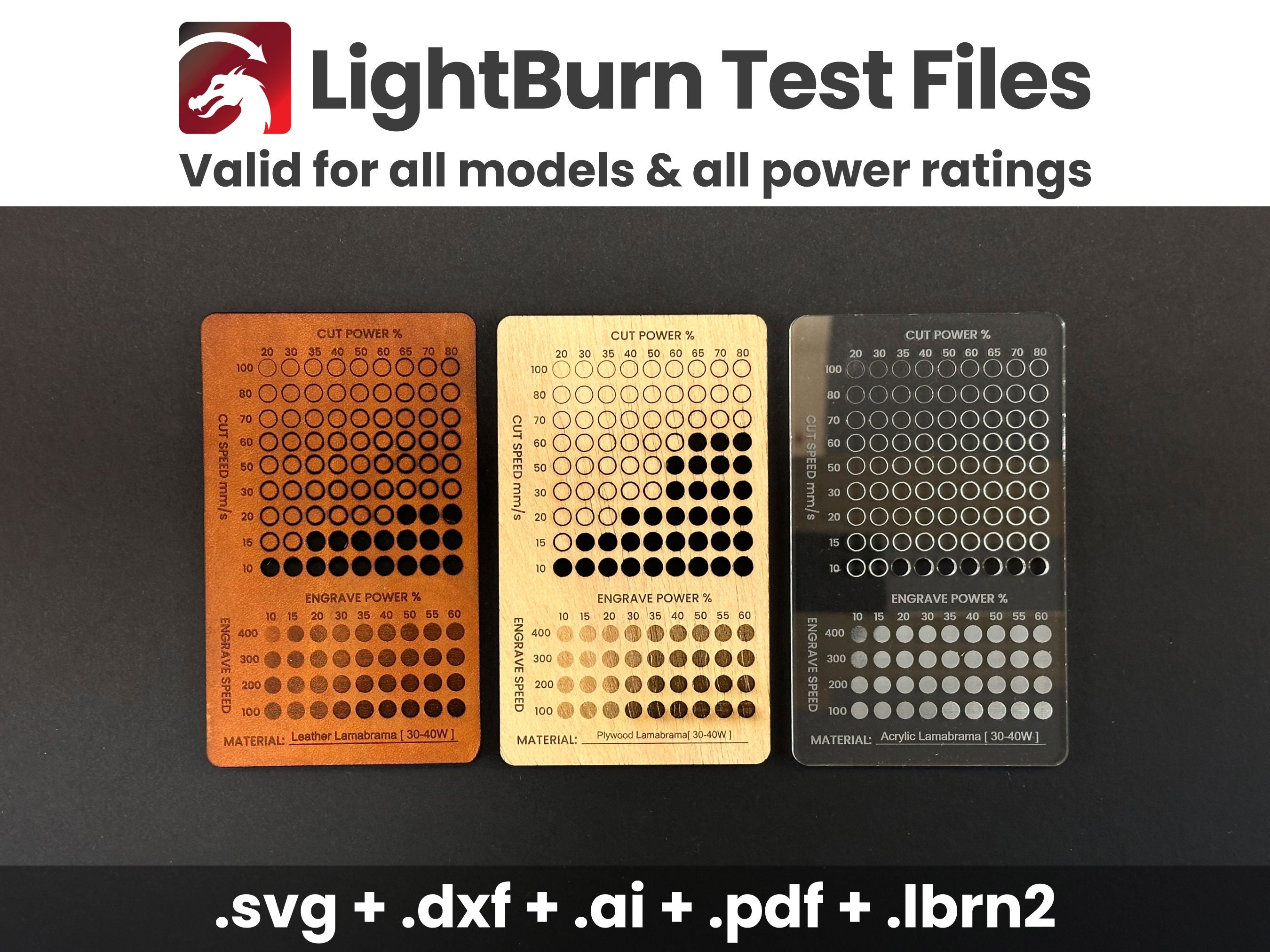 Laser Test Files Pack, Lightburn Material Test Files, Laser Engraving & Cutting Test Cards, CO2 - Diode Lasers, Lightburn Calibration Test