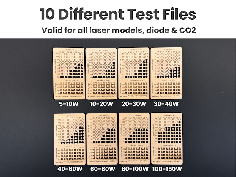 Laser Test Files Pack, Lightburn Material Test Files, Laser Engraving & Cutting Test Cards, CO2 Diode Lasers, Lightburn Calibration Test imagem 2