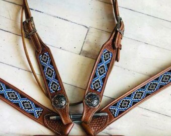 Ensemble Bride Et Collier Mammaires Western Cuir Marron - Neuf Avec Rênes Fendues