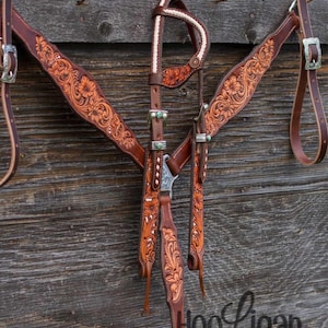 Hand-Tooled Leather Western Horse Tack Set: One Ear Headstall & Breast Collar