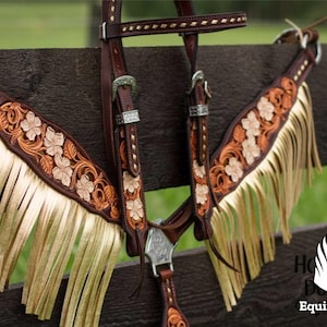 Hand-Tooled Leather Western Horse Headstall Breast Collar Set