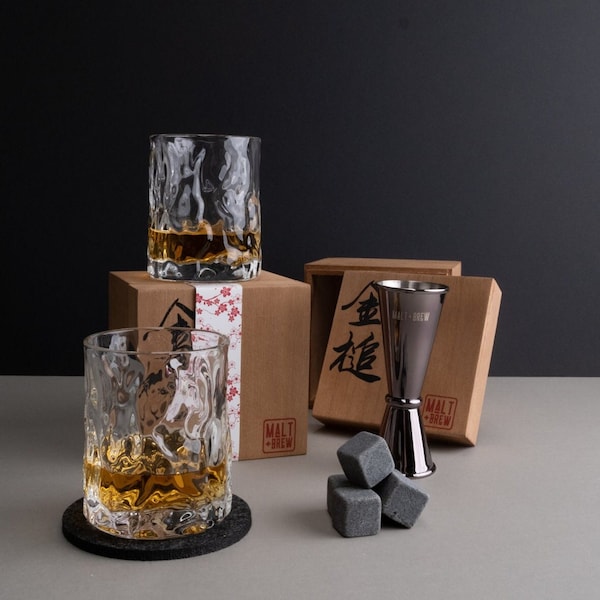 Whiskey Glasses Gift Set, Japan Inspired Design, Wooden Box Gift, Set of 9 Whisky Stones, Cocktail Jigger, 2 Glasses, Shipped from Australia