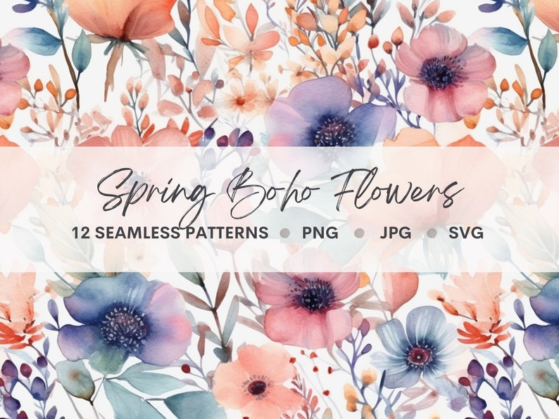 Watercolor Boho Flowers Seamless Patterns Bundle Digital Paper Spring