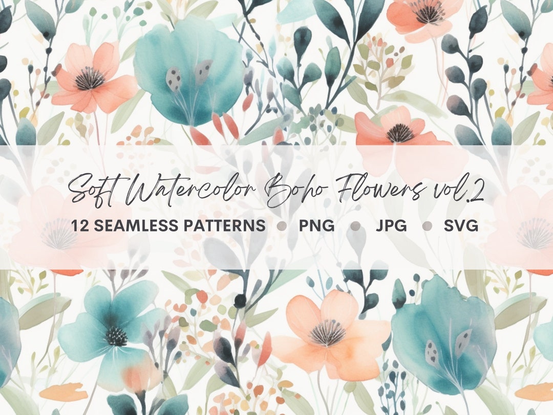 Watercolor Soft Pastel Boho Flowers Seamless Patterns Bundle - Etsy