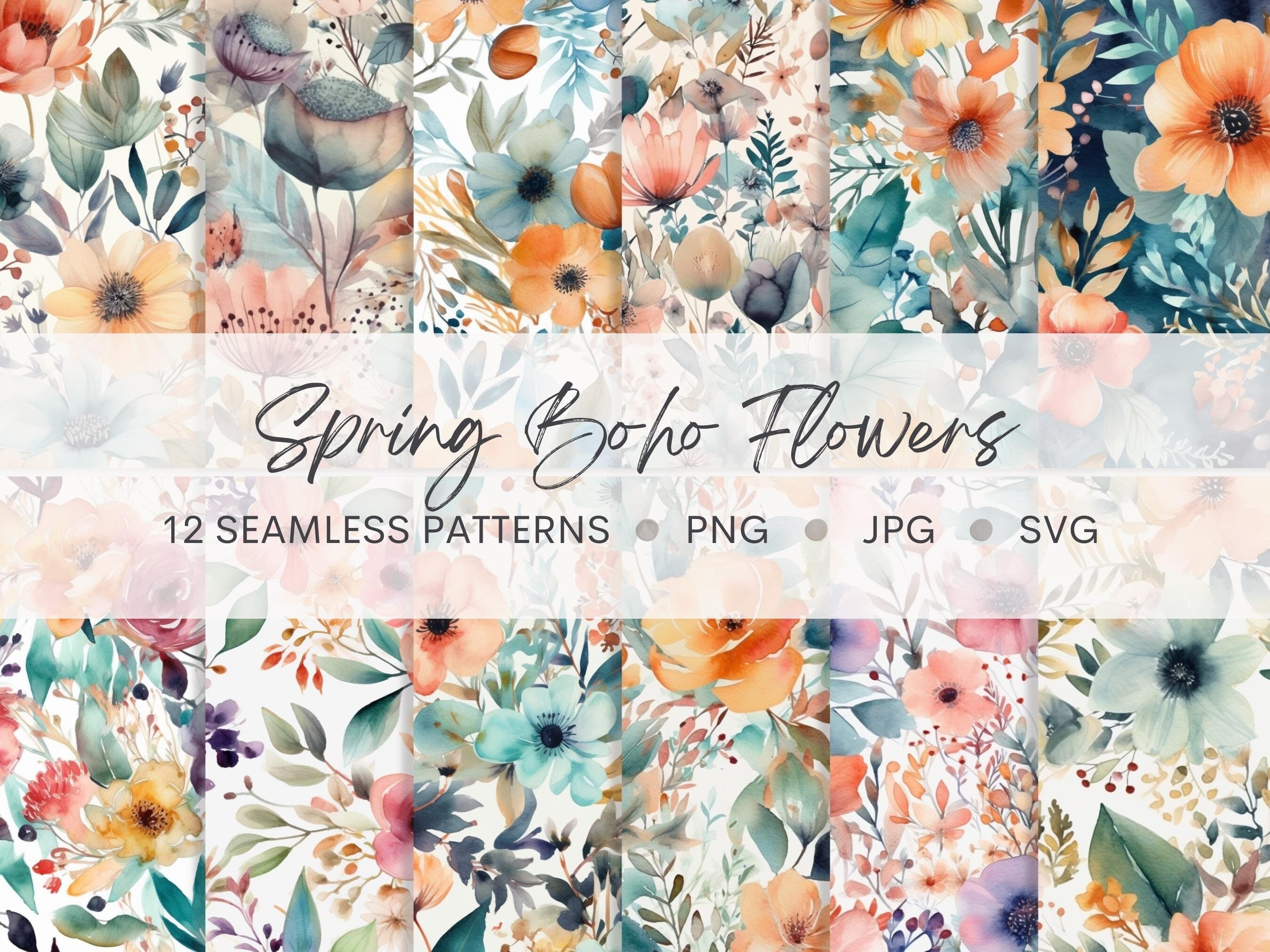 Watercolor Boho Patterns Bundle Digital Paper Boho Watercolor Flowers ...