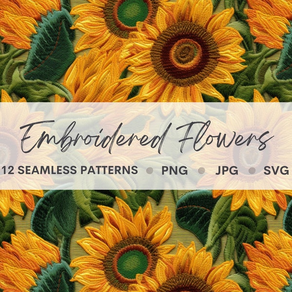 Embroidered Sunflowers Seamless Patterns Bundle Digital Paper Embroidery Flowers Floral Pattern Seamless File Sunflower png Commercial Use
