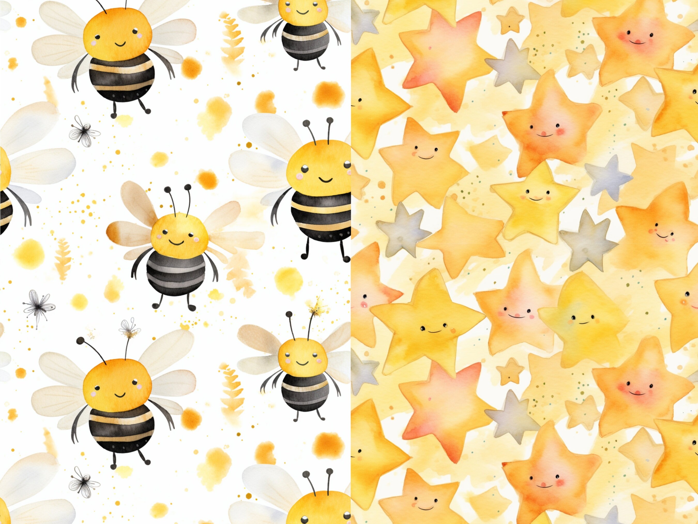 Cute Bees Pattern Watercolor Honeycomb Seamless Patterns Bundle Digital ...