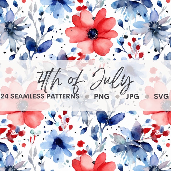 Watercolor 4th of July Seamless Pattern Bundle Digital Paper Watercolor Floral USA Patriotic Pattern Independence Day Flowers Commercial Use