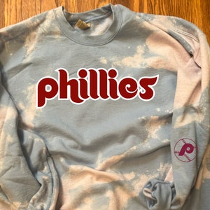 Phillies Blue Reverse Tye Dye Retro Vintage Phillies Maroon Font and Sleeve Graphic Crewneck Sweatshirt