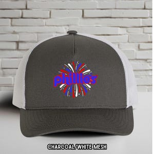 Philadelphia Phillies Fireworks Red White Black Patriotic American Snapback Trucker Adjustable Baseball Mesh Hat, Hat for Men, Hat for Women