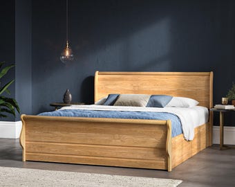 Solid Oak Ottoman Storage Bed - Rutland Sleigh Design - Double/ King/Super King Size
