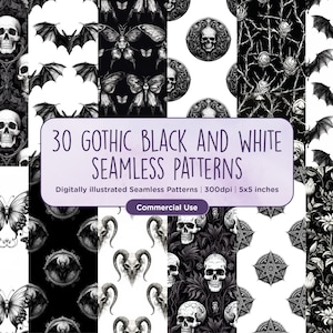 30 Black and White Gothic Seamless Patterns - Goth, Skeletons, Halloween, Horror, Macabre, Scrapbook Paper, Instant download, Commercial Use