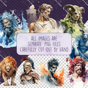 May include: Watercolor illustrations of various Greek gods and mythical creatures, including Poseidon, Zeus, a centaur, a minotaur, a lion, a warrior, a man with fire, and a man with grapes.