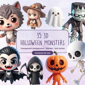 35 3D Chibi Halloween Monsters Clipart - Jack-O-Lantern, Wiedźma, Duch, Pająk, Nietoperz, Zombie, PNG, Wampir, Natychmiastowe pobieranie, Użytek komercyjny