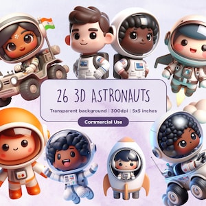26 3D Astronautas Clipart - Bonito, Chibi, Astronauta, Espaço, Planetas, Foguetes, Kawaii, Vibrante, Neon, Download digital instantâneo, Uso comercial