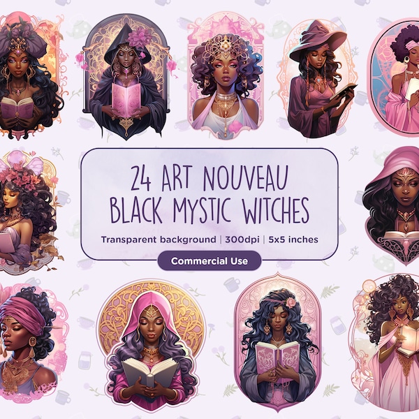 24 Art Nouveau African-American Black Mystic Witches Clipart - Magical Witchcraft, Fortune Teller, Instant digital download, Commercial Use