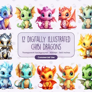 12 imágenes prediseñadas de dragones chibi ilustradas digitalmente: lindas, chibi, libros infantiles, fantasía, magia, descarga digital instantánea, uso comercial