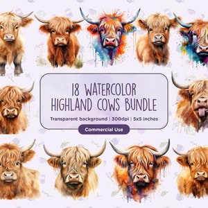 18 Watercolor Highland Cows Clipart - High Quality Cute Illustrations, Instant download, Card making, Digital Paper Craft, Commercial Use
