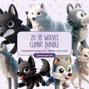 20 3D Wölfe Tiere Clipart - Wolf, Wolfsrudel, Waldtiere, Baby Wolf, Eckzahn, druckbare 3D Designs, sofortiger Download, kommerzielle Nutzung