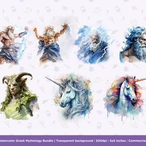 May include: A set of 6 watercolor illustrations featuring Greek mythology characters and mythical creatures. The illustrations include Zeus, a satyr, a unicorn, and a pegasus. The illustrations are painted in a vibrant and colorful style, with a soft, watercolor effect.