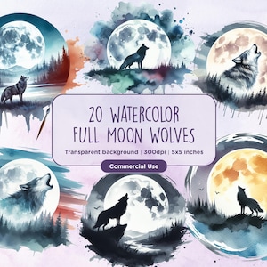 20 Watercolor Wolf Full Moon Brush Stroke Clipart - Wolves, Horror, Werewolf, Lunar, Lycan, Alpha, Instant digital download, Commercial Use