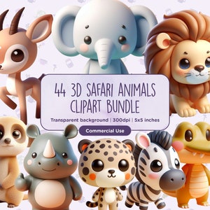 44 3D Safari Tiere Clipart - Löwen,Zebras,Erdmännchen,Elefant,Nashorn,Nilpferd,Giraffe,Gazelle,Afrika,Kroko, PNG, digitaler Download, kommerzielle Nutzung